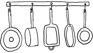 black and white line drawing of pots and pans hanging on a rack, canva.com